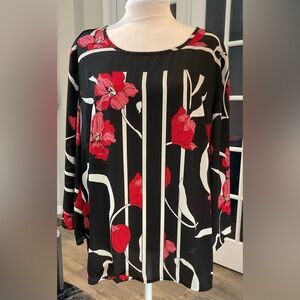 Liz Claiborne Career Floral Striped Blouse, Red Black Tulip Print